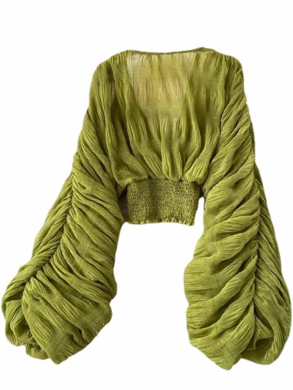 Olive Green Ruched Balloon Sleeve Crop Top